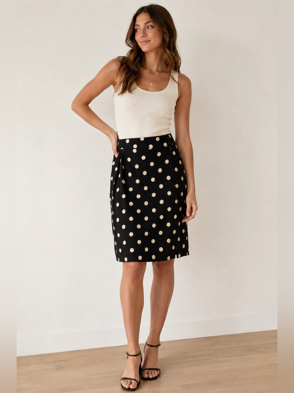 Louis Feraud Vintage 100% Silk Black & Beige Polka Dot Pencil Skirt Size 10